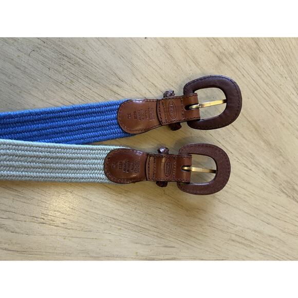 2- Talbots Womens Belt XL Braided Woven Cotton Genuine Leather Buckle Blue Beige - Picture 8 of 9